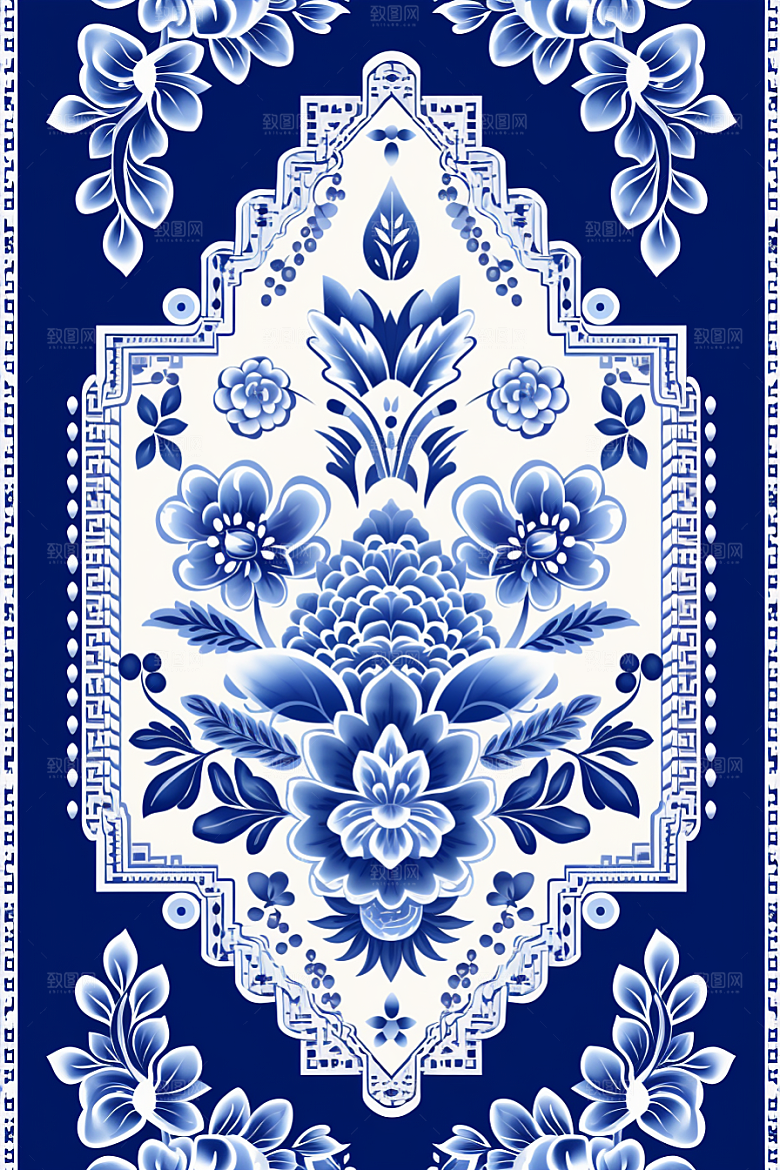 青花瓷纹样中国风工笔画底纹
