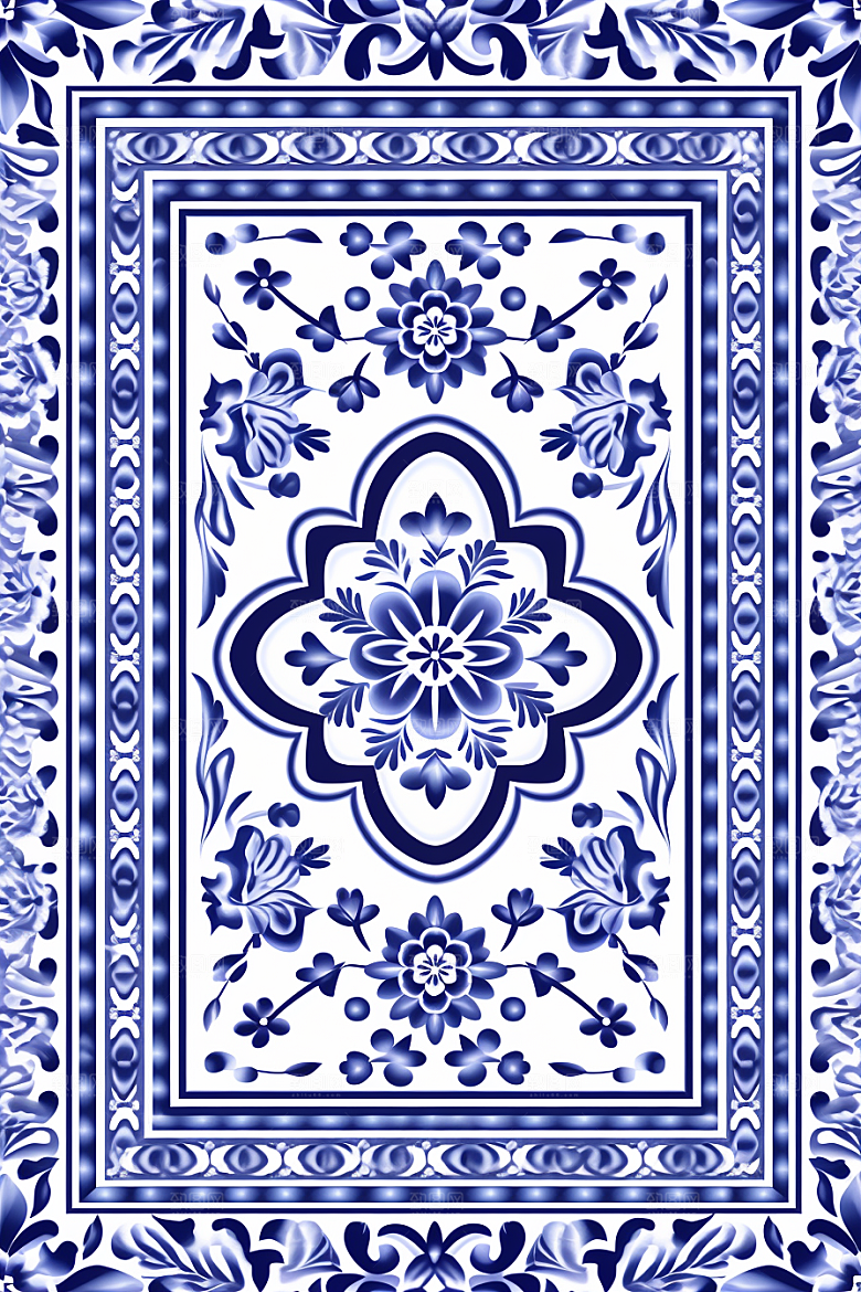 青花瓷纹样工笔画蓝色底纹