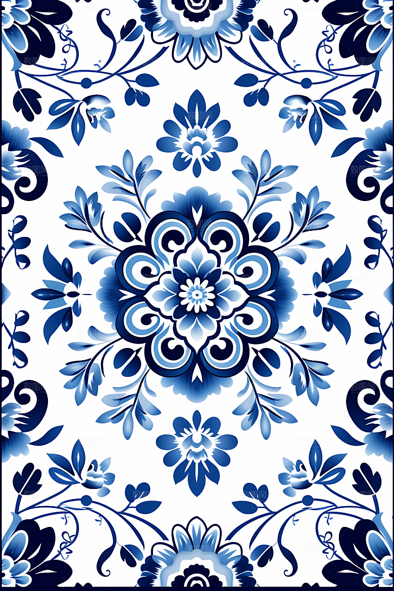青花瓷纹样花卉国画底纹