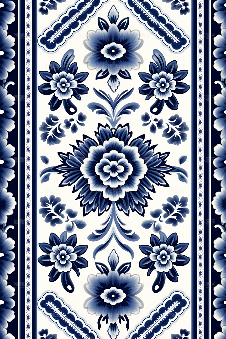 青花瓷纹样花卉工笔画底纹