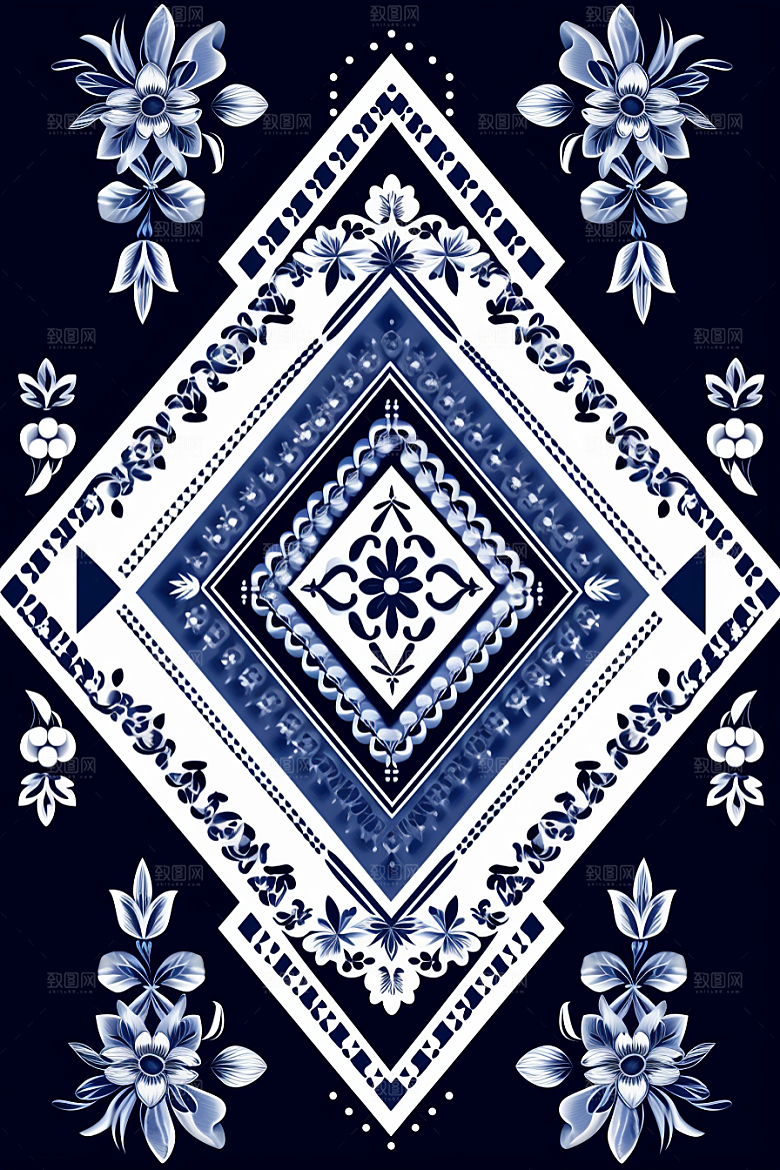 青花瓷纹样花卉国画底纹