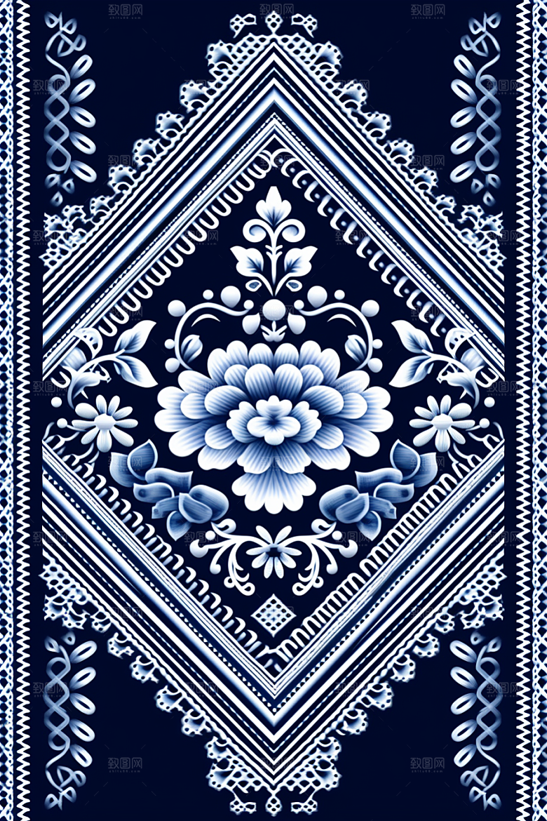 青花瓷纹样工笔画中式底纹