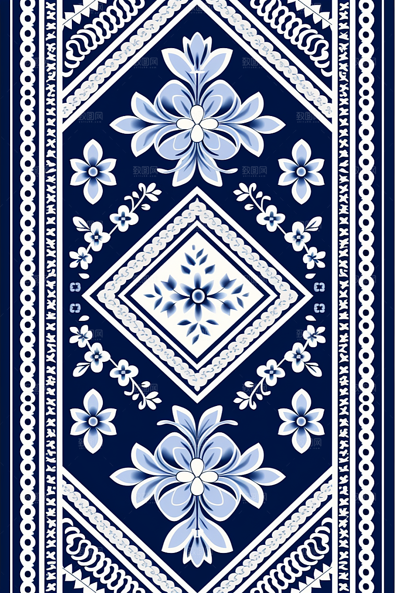 青花瓷纹样花卉工笔画底纹