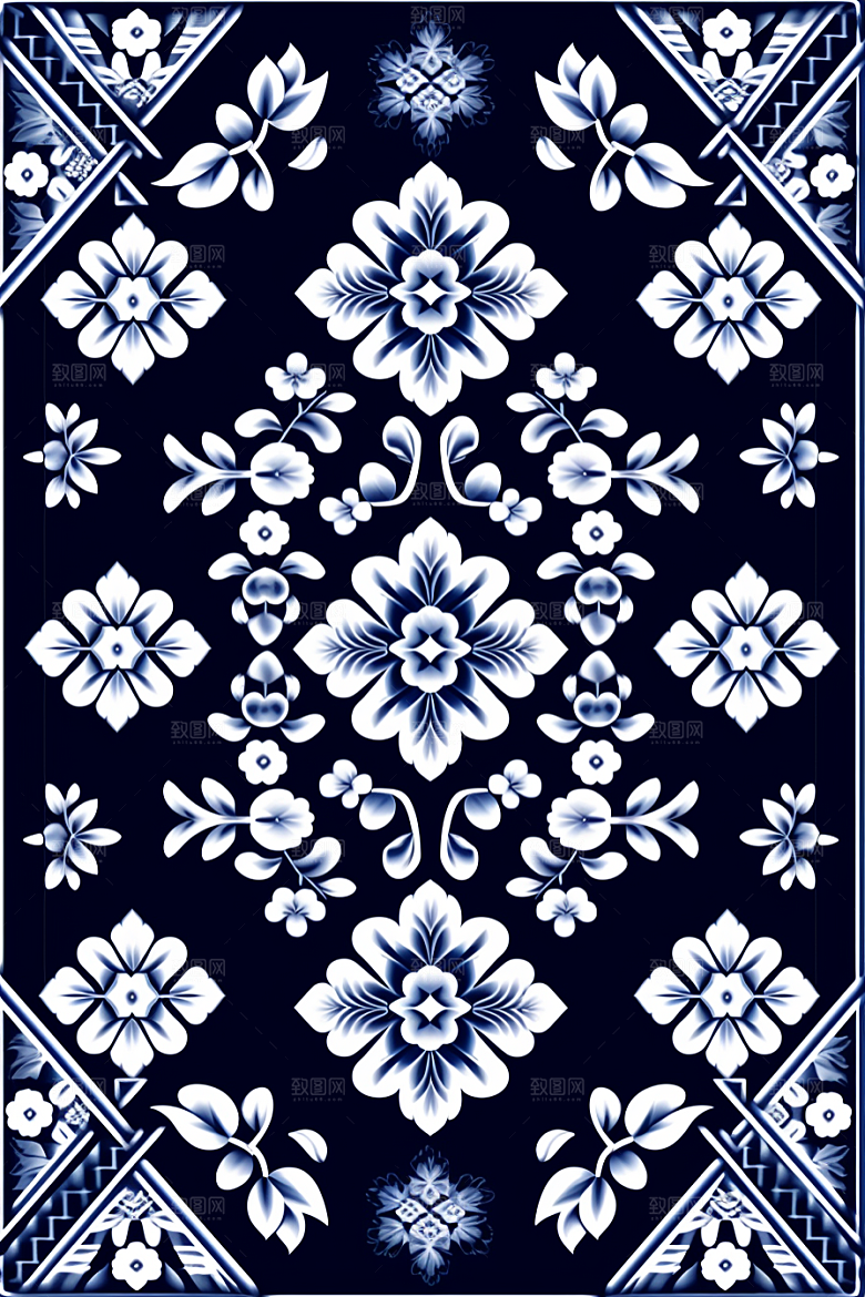 青花瓷纹样国画蓝色底纹