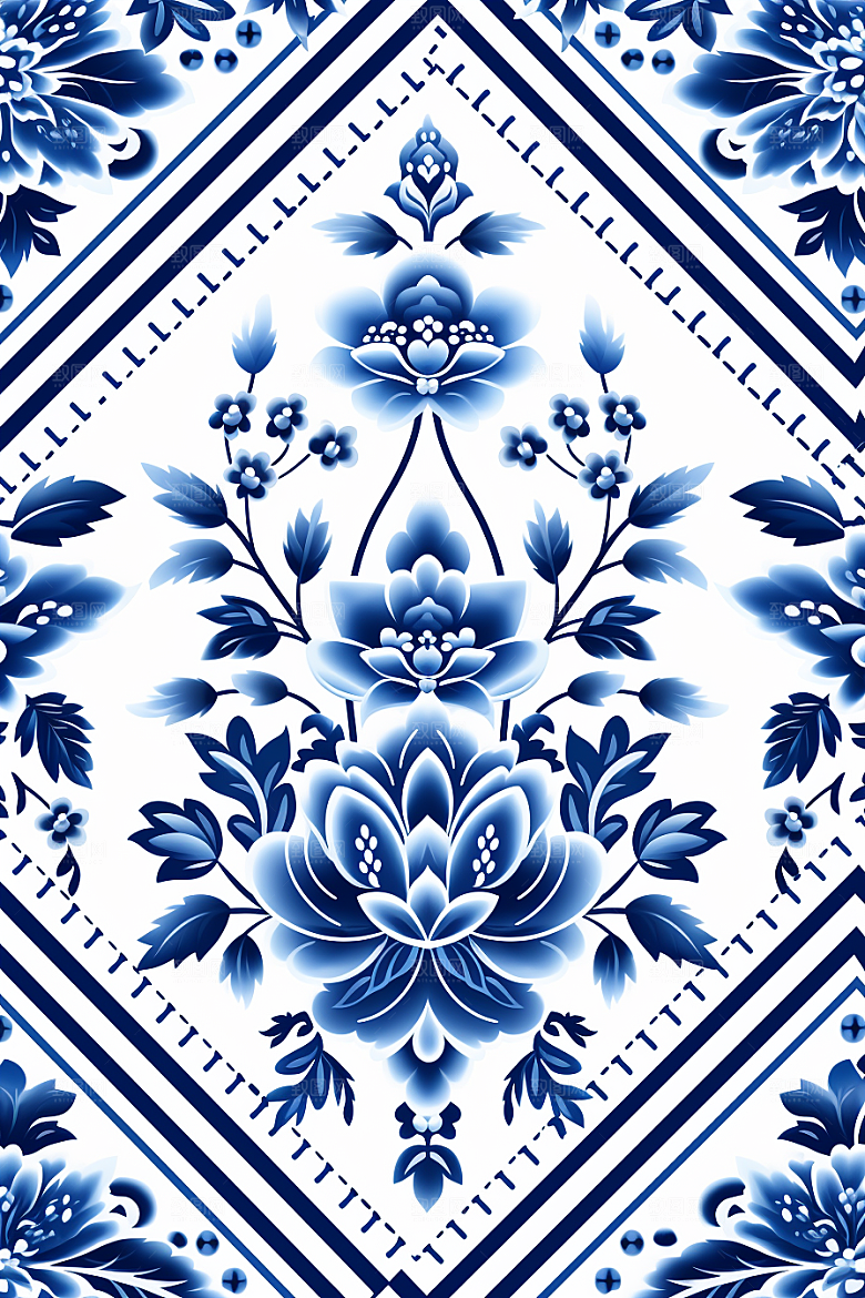 青花瓷纹样蓝色工笔画底纹