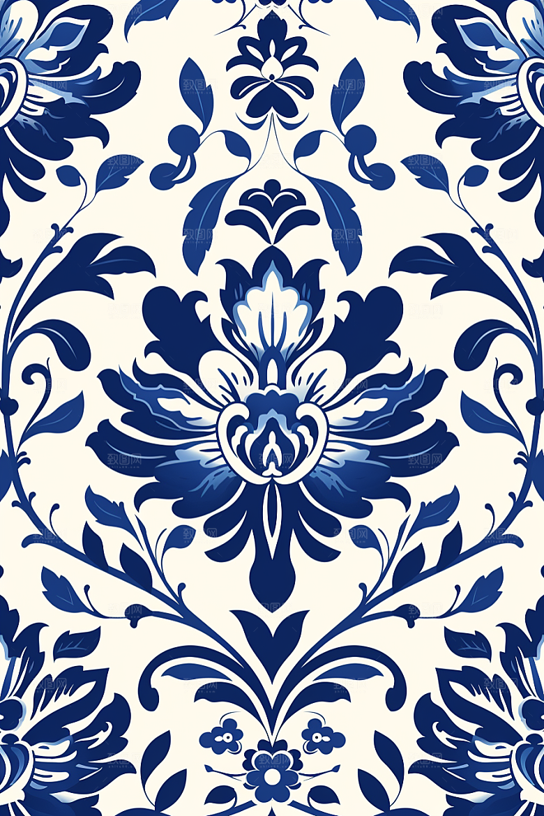 青花瓷纹样蓝色国画底纹