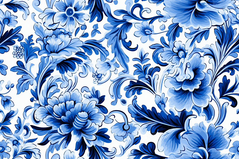青花瓷纹样国画蓝色底纹