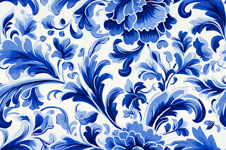 青花瓷纹样国画蓝色底纹