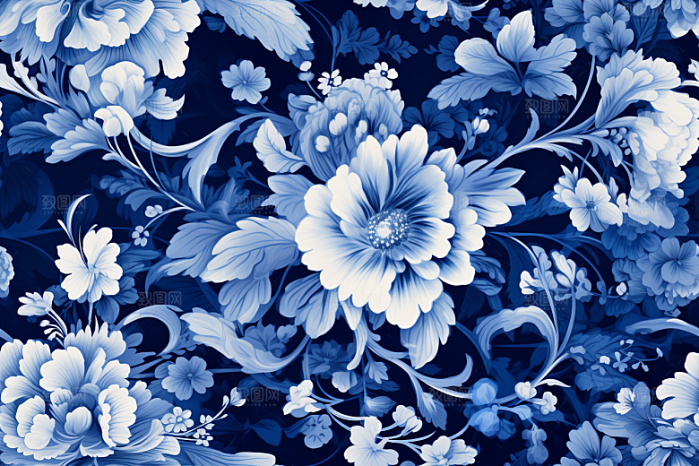 青花瓷纹样工笔画花卉底纹