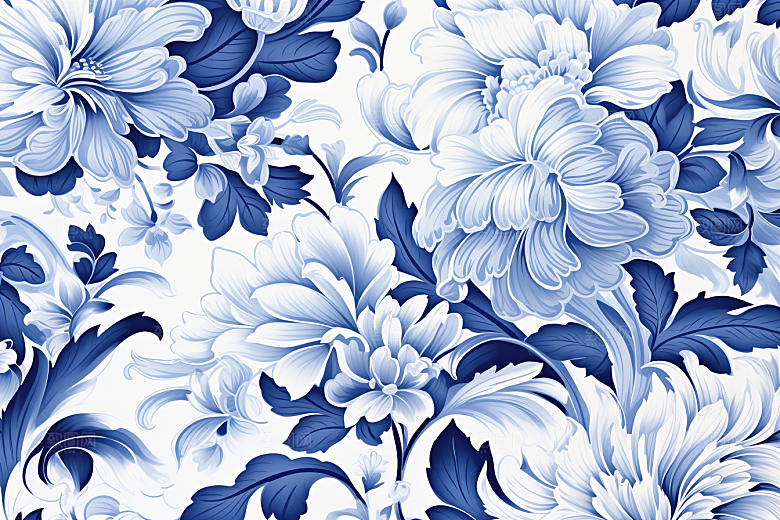 青花瓷纹样蓝色工笔画底纹