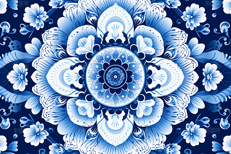 青花瓷纹样工笔画中国风底纹