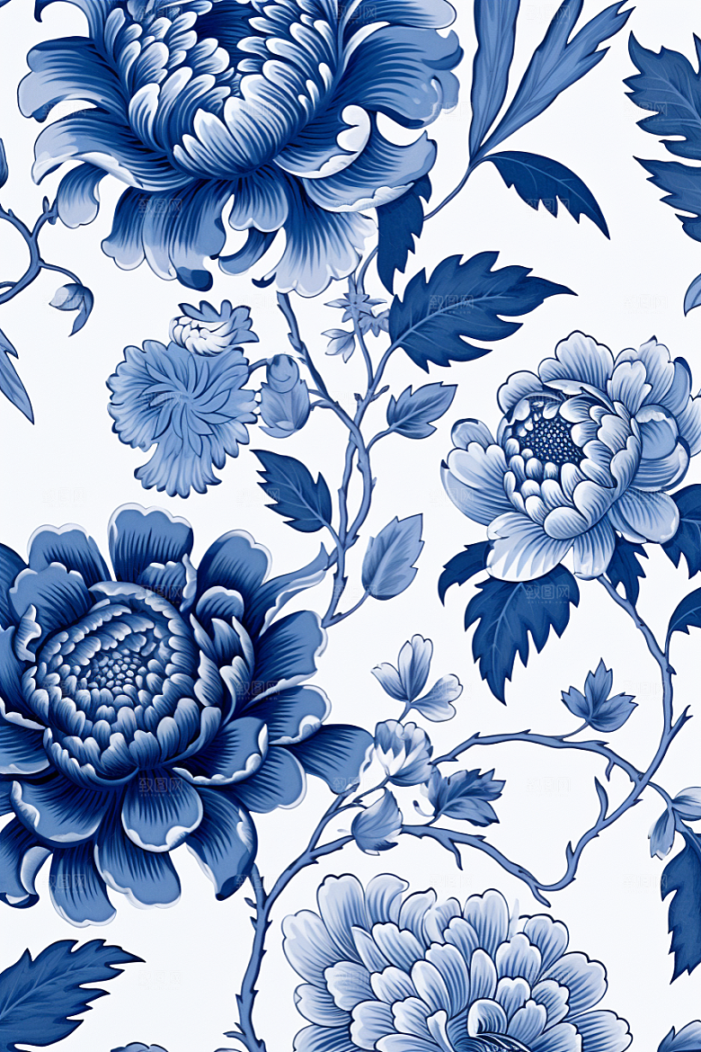 青花瓷纹样国画蓝色底纹