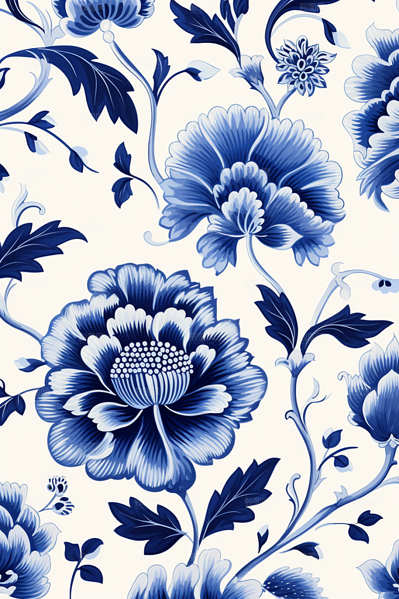 青花瓷纹样蓝色工笔画底纹