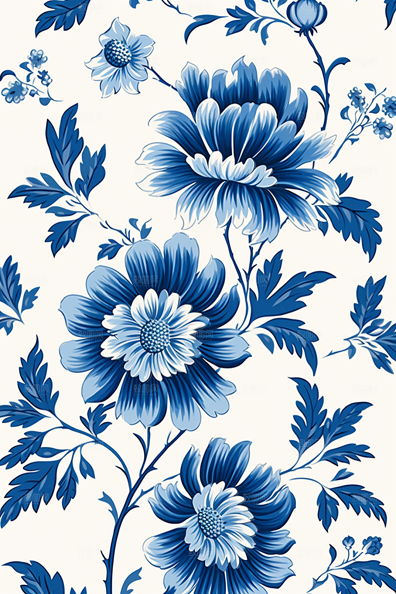 青花瓷纹样花卉国画底纹