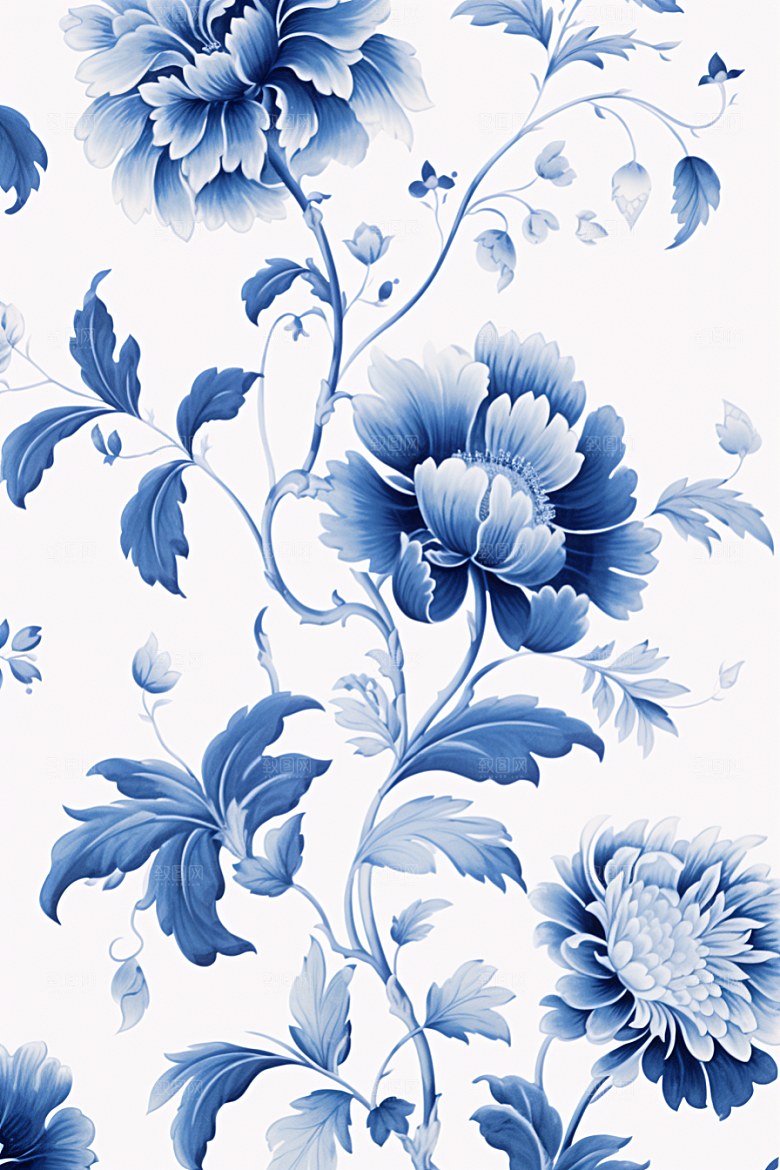 青花瓷纹样花卉国画底纹