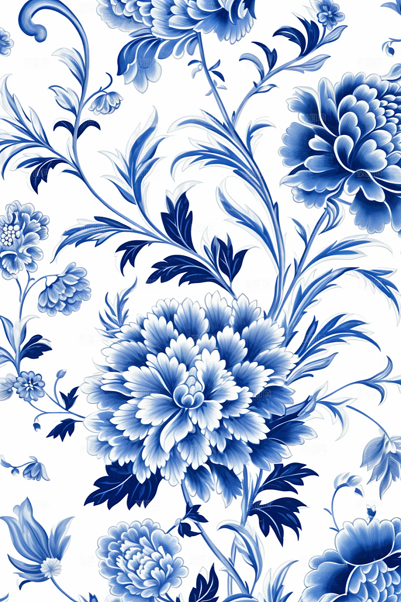 青花瓷纹样花卉工笔画底纹