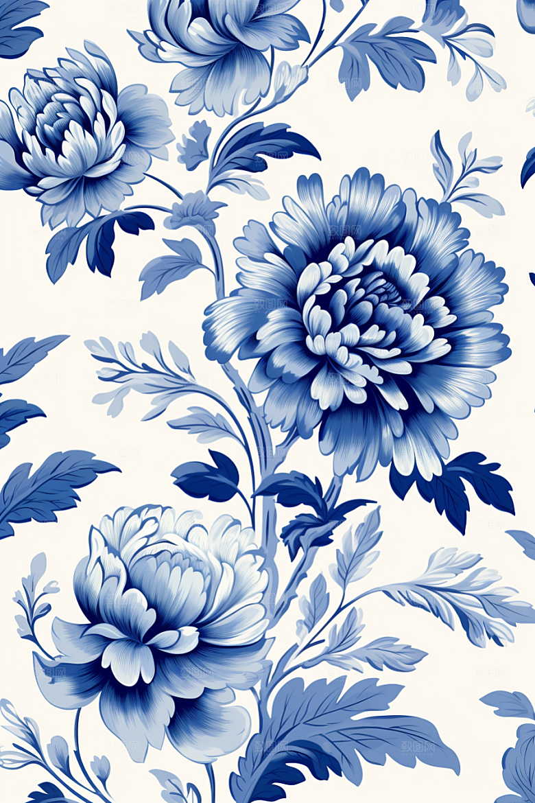 青花瓷纹样国画蓝色底纹