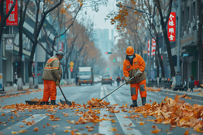 清洁工辛苦清扫路面摄影图