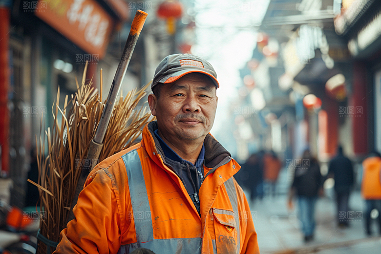 清洁工五一清扫路面摄影图