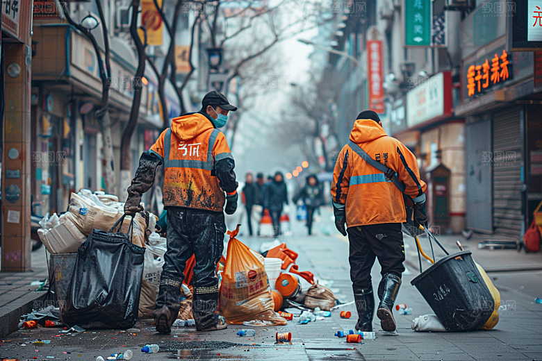 清洁工工作清扫路面摄影图