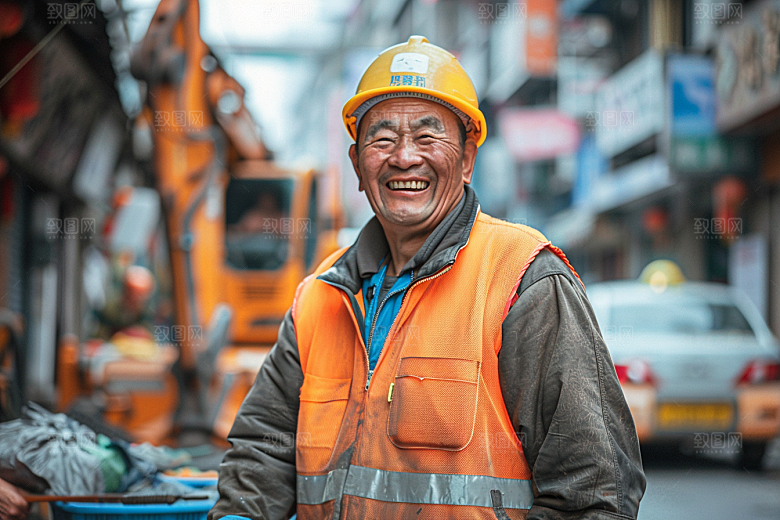 清洁工劳动节清扫路面摄影图