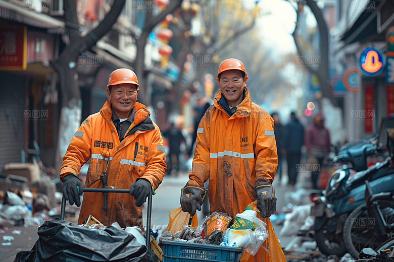 清洁工劳动清扫路面摄影图