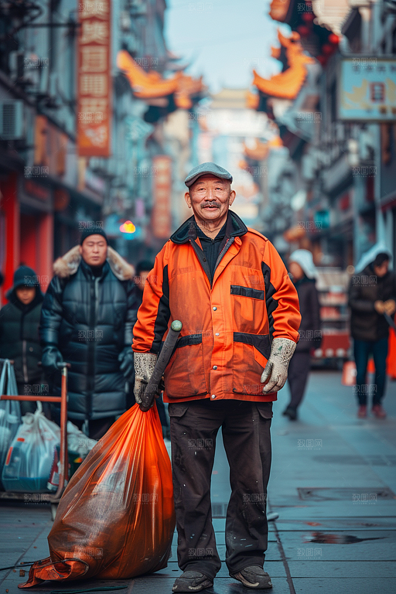 清洁工劳作清扫路面摄影图