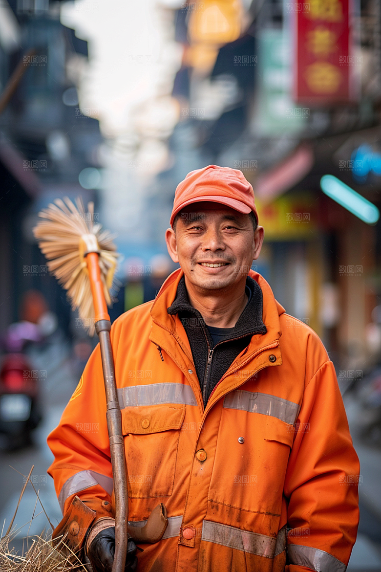 清洁工劳作清扫路面摄影图