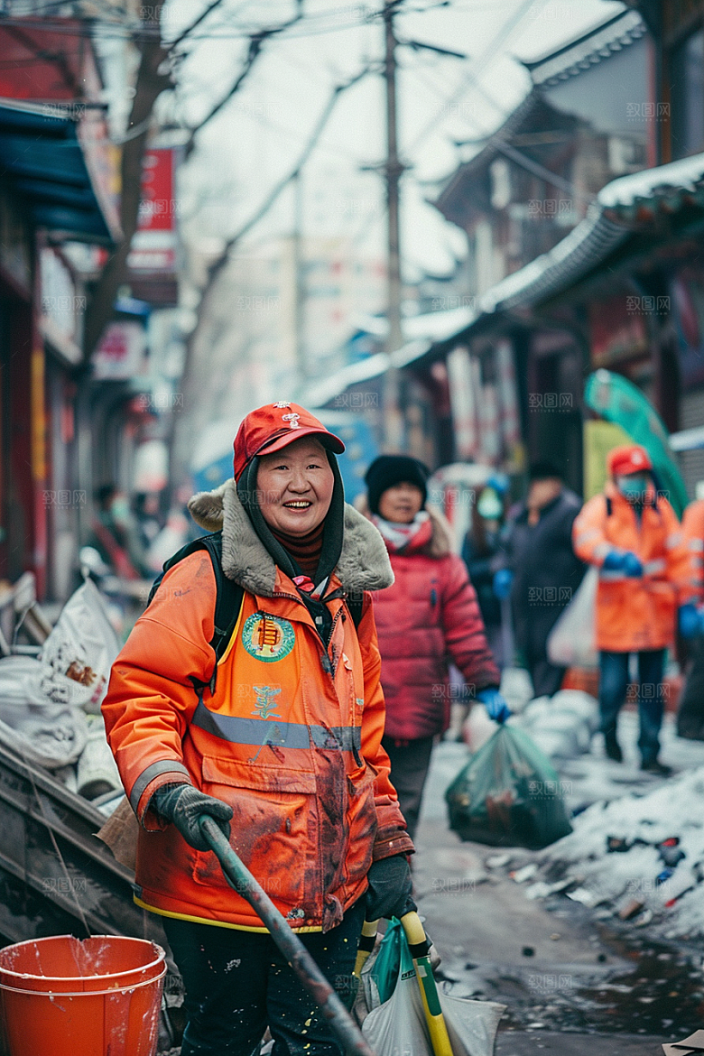 清洁工劳作清扫路面摄影图
