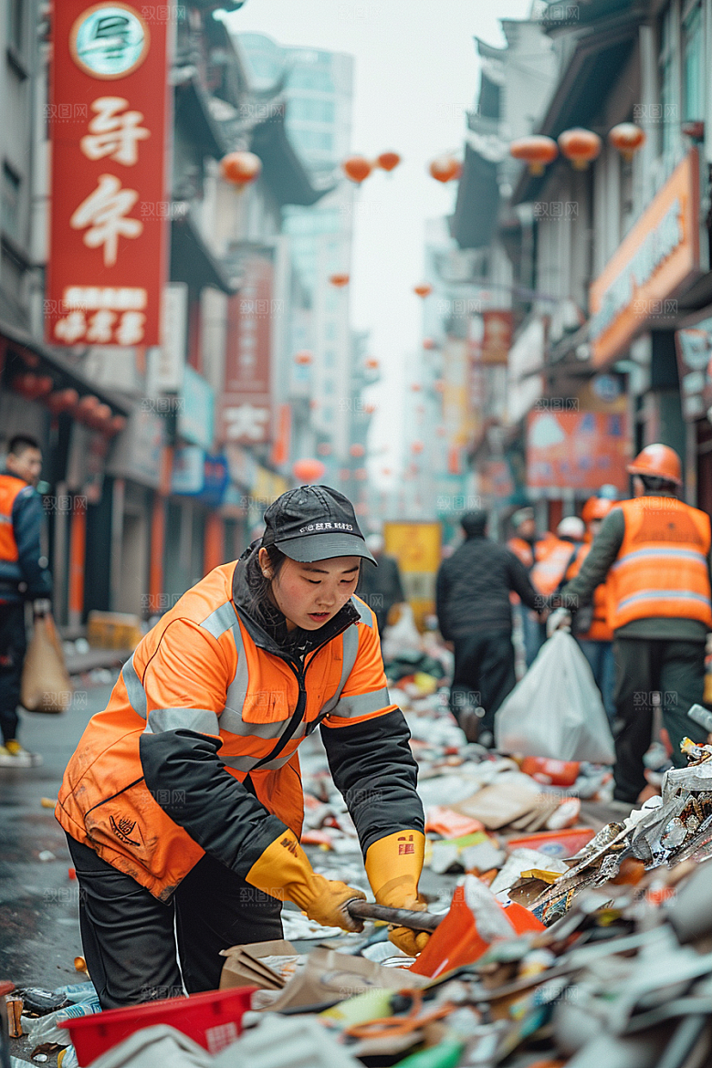 清洁工清扫路面劳动节摄影图