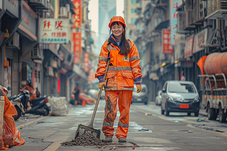 清洁工清扫路面人物摄影图