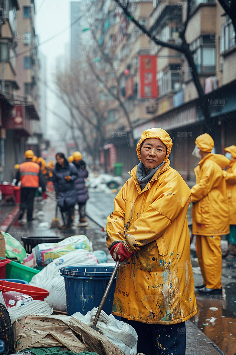 清洁工人物清扫路面摄影图