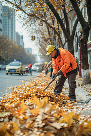 清洁工清扫路面人物摄影图