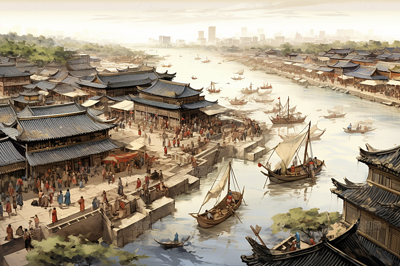 清明上河图风格水乡中国传统插画
