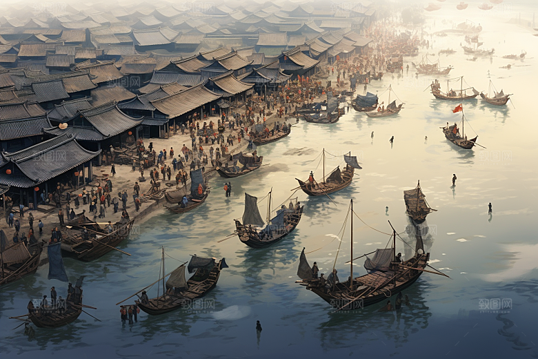 清明上河图风格古风画卷插画