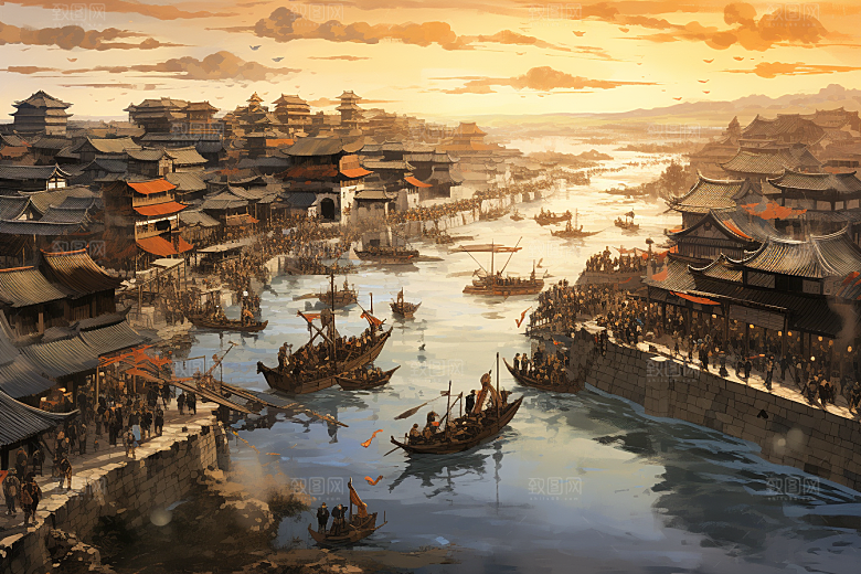 清明上河图风格古城古风插画