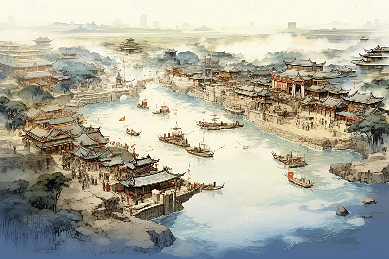 清明上河图风格中国传统历史插画