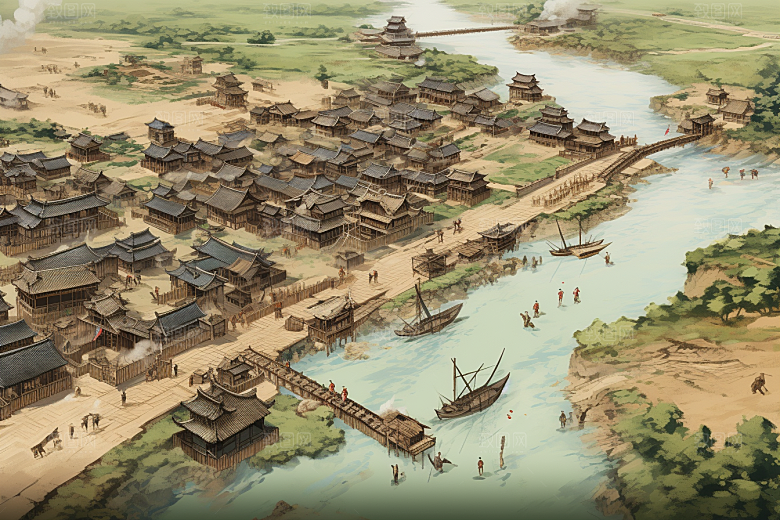 清明上河图风格中国传统古建筑插画