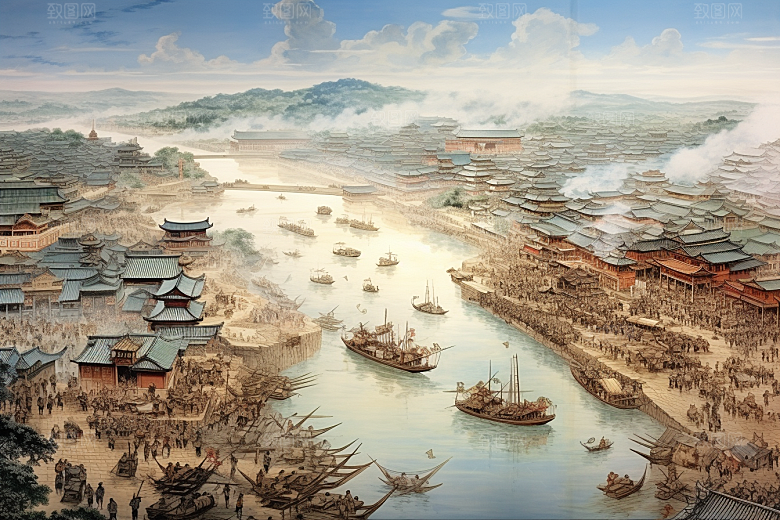 清明上河图风格古城水墨插画