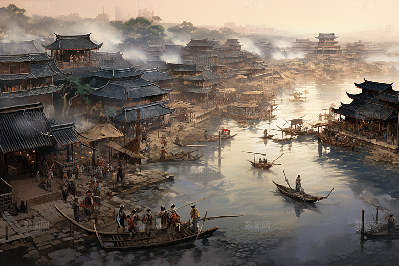 清明上河图风格古城古建筑插画