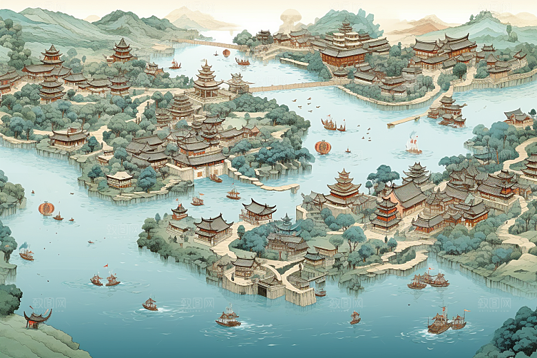 清明上河图风格古建筑古城插画