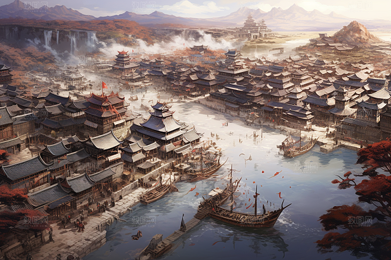 清明上河图风格中国传统古风插画