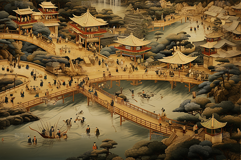 清明上河图风格山水历史插画