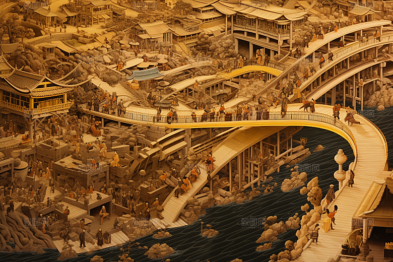 清明上河图风格中国传统古风插画