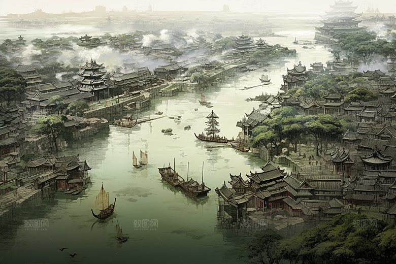 清明上河图风格画卷历史插画