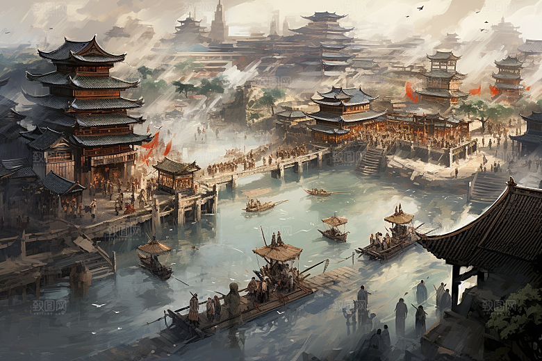 清明上河图风格水墨古风插画