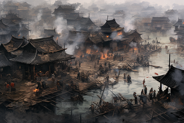 清明上河图风格山水画卷插画