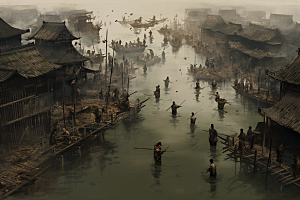 清明上河图风格中国传统历史插画