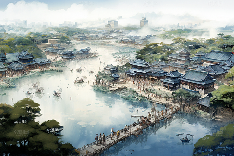 清明上河图风格水墨画卷插画