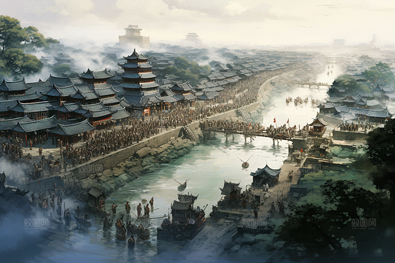 清明上河图风格水墨中国传统插画